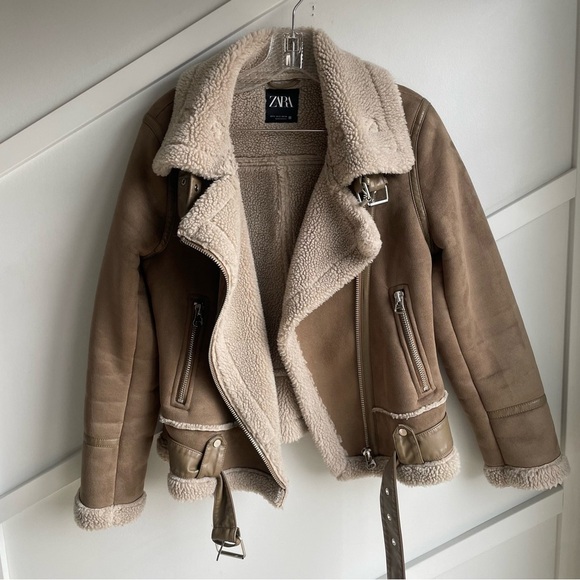 Zara trendy tan beige aviator faux suede Sherpa shearling moto jacket size S - Picture 10 of 15